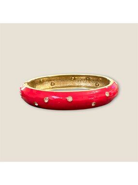 Red Gold-Tone Hinged Bangle Bracelet With Rhinestone Accents